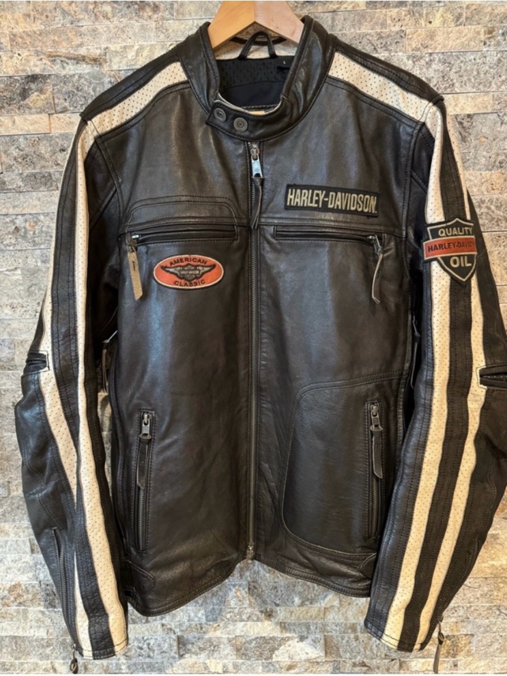 Harley-Davidson Black Leather Jacket with Cream Stripe Details
